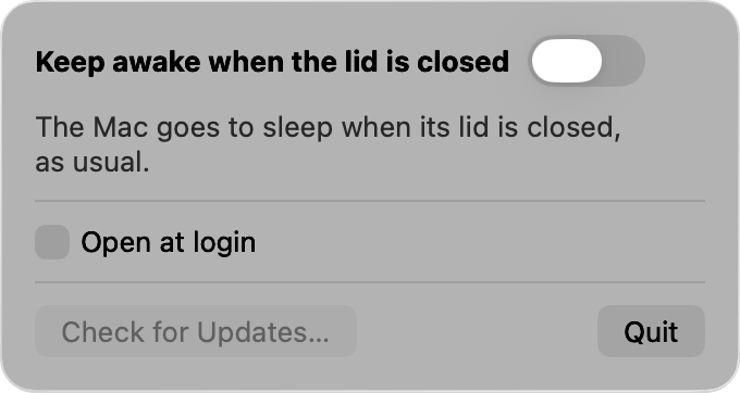 wake's panel under the menu bar, with its switch